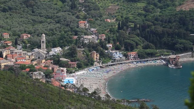 Town of Levanto seen from the mountain of witches. The blue sea and the beach are visible.