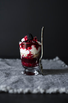 Vanilla cream with blackberry sauce and oats