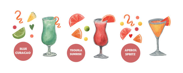 Watercolor set of alcohol cocktails: blue Curacao, Aperol Spritz, Tequila Sunrise. Isolated, high resolution elements for summer menu, invitations, vacation design.