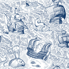 Marine map. Vintage seamless pattern with ships and monsters