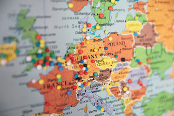 Close up of map of Europe with pins showing visitor locations