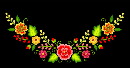Mexican colorful bright floral corner decoration on black background © Sveta_Aho