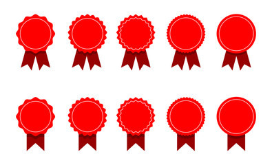 red ribbon and banner. set of premium quality and guarantee labels isolated on white background. vector illustration