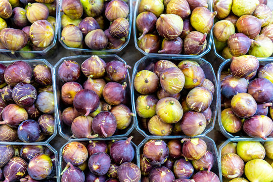 Fresh, healthy, organic, and local fig produce and fruit sold in an open air market in Tel Aviv, Israel.