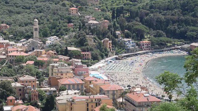 Town of Levanto seen from the mountain of witches. The blue sea and the beach are visible.