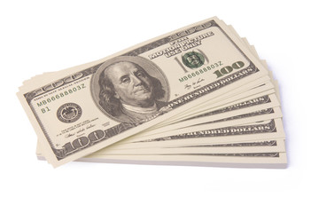 100 US Dollar bills bundles stack isolated on white background with clipping path