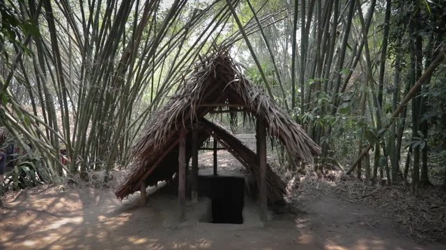 Vietnam, Ho chi minh, military complex Cu Chi Tunnels, March 27, 2019 entrance to the guerrilla tunnels in the jungle
