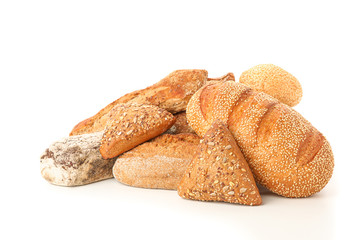 Bunch of bakery products isolated on white background