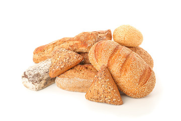 Bunch of bakery products isolated on white background
