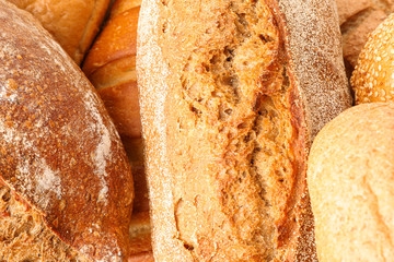 Bakery products as background, closeup. Freshly baked bread