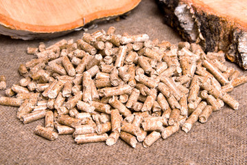 Wood pellets and birch close up .Wooden pallet biofuel. Biomass Pellets-cheap energy. The cat litter.