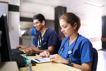 Two doctors doing office work