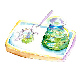 Tea kettle teapot in a coffee shop with green jam and spoon. Watercolor sketch illustration.