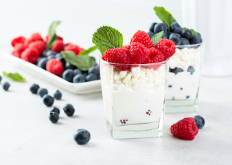 Cottage cheese with cream, raspberry and blueberry garnished with fresh mint.