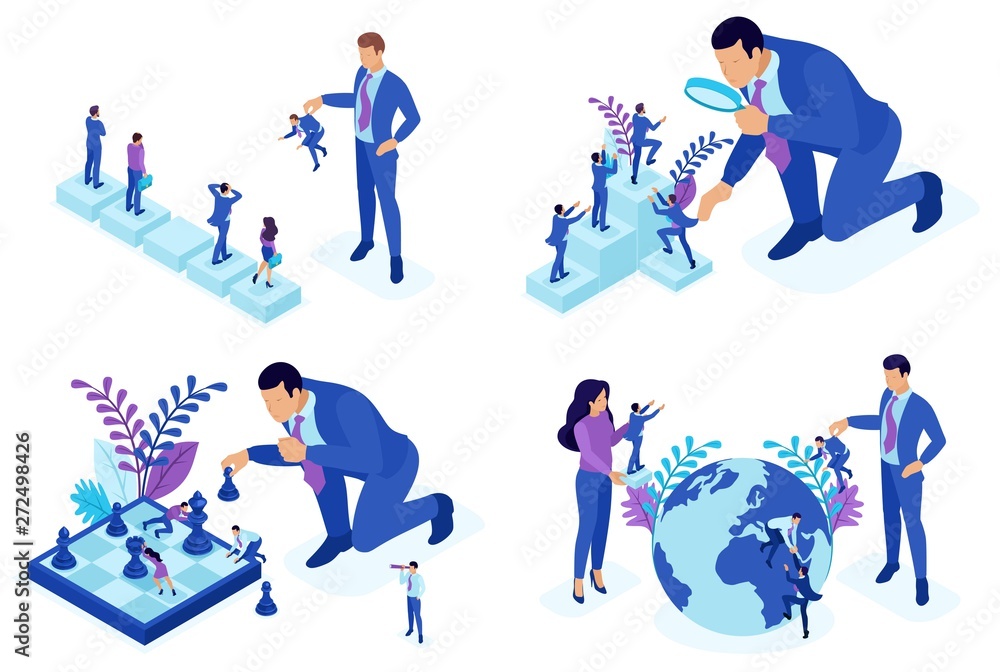 Poster isometric concepts of employee selection, career development, promotion. for website and mobile appl