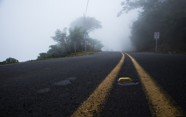 Carretera con neblina con lineas amarillas.
