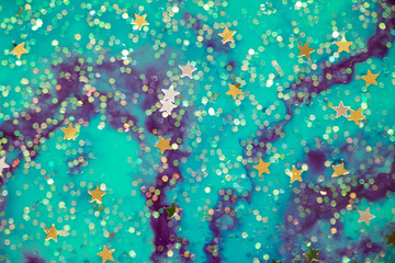 Fototapeta na wymiar Turquoise Galaxy Background Texture. Beautiful swirls of purple and tuquoise. Stars and sparkles. Dreams and wishes. All the happy things. Lose yourself inside the fantasy galaxy.