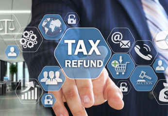 The businessman chooses TAX REFUND on the virtual screen in social network connection.
