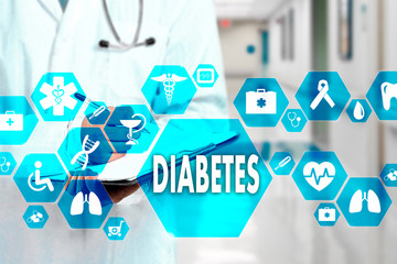 Medical Doctor with stethoscope and Diabetes icon in Medical network connection on the virtual screen on hospital background.Technology and medicine concept.