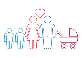 A schematic depiction of a hetero family couple man and woman with children, icon