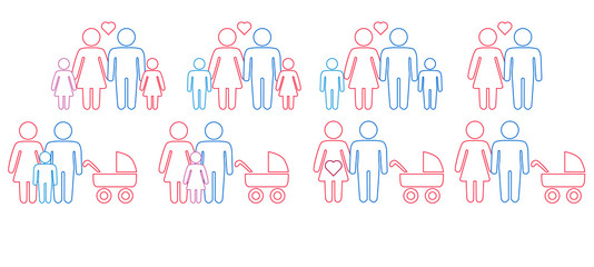 Gay, lesbian couples and family with children icons set