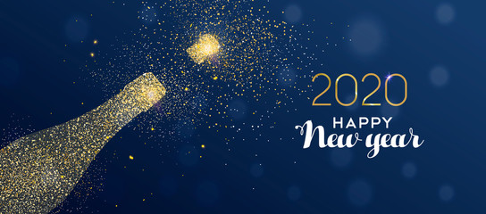 New Year 2020 banner of glitter champagne bottle © Cienpies Design