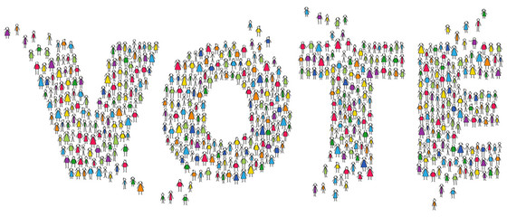 Colorful stick people call for VOTE, shaping word