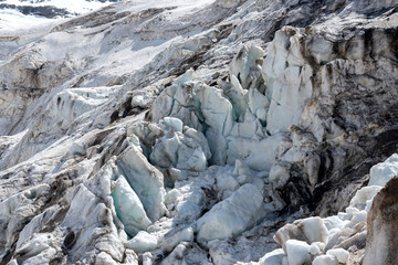 Mountain glaciers and large blocks of snow with ice in the eternal glaciers in Alibek, Dombay, Karachay-Cherkess Rep. Russia