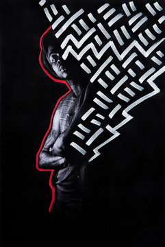 Low res print of a stylish man with vivid white and red illustration