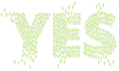 Crowd of green stick figures shaping the word YES