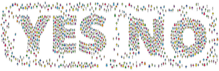 Crowd of colorful stick figures shaping words YES and NO