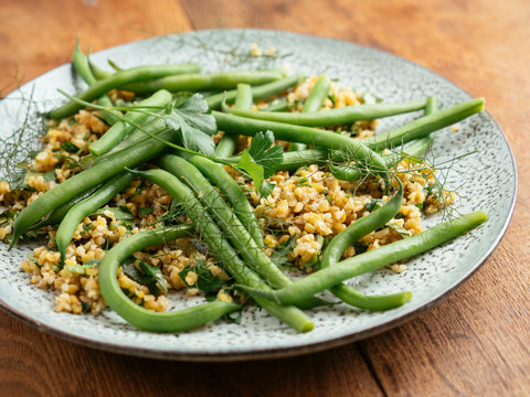 Green beans on Freekeh with Fresh Herbs