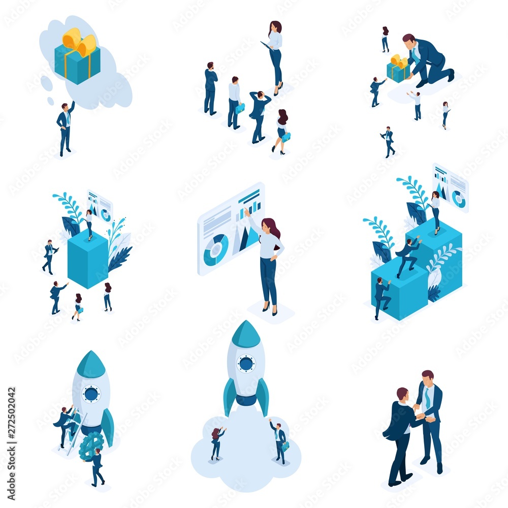 Poster large isometric set of business concepts of startup creation and development, data analysis, data ma