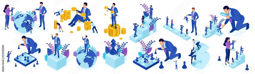 Poster isometric concepts of global cooperation, development and career strategies. for website and mobile 