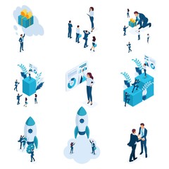 Large Isometric set of business concepts of startup creation and development, data analysis, data management. Vector illustration