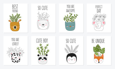 Collection of cute cards with house plants in funny animal pots.