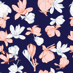 Hand drawn floral pattern of magnolia flowers and leaves on dark blue background