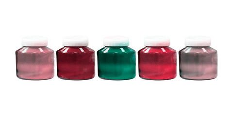 Set of colorful glass jars with plastic lids.  Isolated on white for your design. Yellow, violet, blue, red, green.