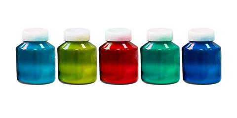Set of colorful glass jars with plastic lids. isolater on white for your design. Yellow, violet, blue, red, green.