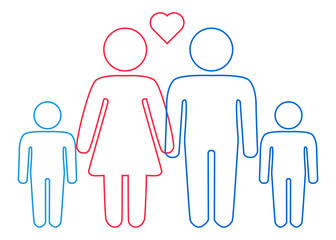 A schematic depiction of a hetero family couple man and woman with children, icon