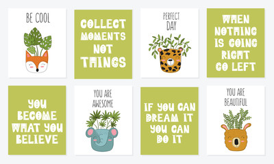 Collection of cute cards with house plants in funny animal pots.