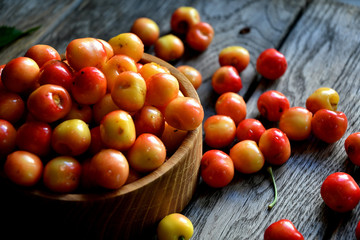 Cherry scattered on wooden boards.