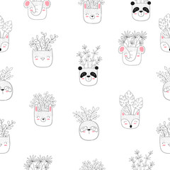 Seamless pattern with house plants in funny animal pots