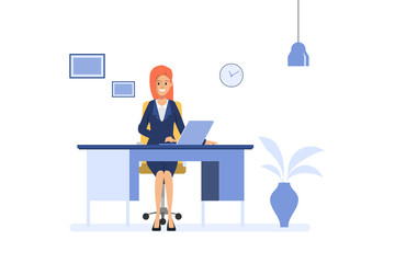 Business woman working at office desk with laptop. Administration operator job. Business people character.