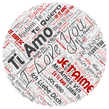 Vector conceptual sweet romantic I love you multilingual message round circle red word cloud isolated background. Collage of valentine day, romance affection,  happy emotion or passion lovely concept