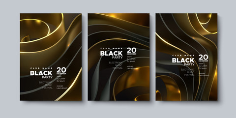 Electronic music festival. Modern posters design. Black party invitation. Abstract background. Black and golden geometric wavy shape or ribbons. Vector 3d illustration. Club invitation template.