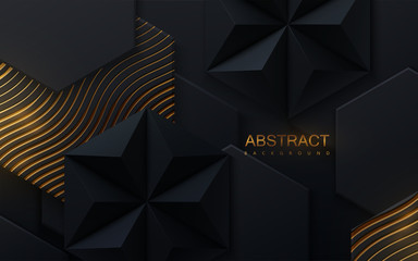 Abstract geometric background. Vector 3d illustration. Triangle or pyramid black shapes. Polygonal tiles with golden wavy pattern. Minimal cover design. Futuristic design element. Hex geometry pattern