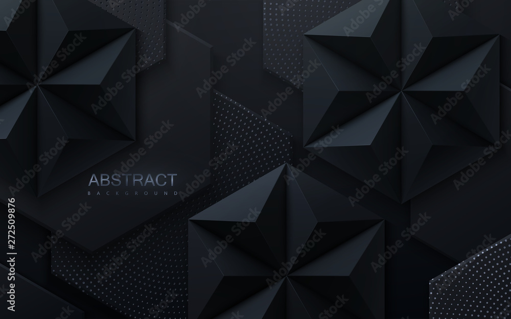 Poster abstract geometric background. vector 3d illustration. hexagonal and pyramid black shapes. polygonal