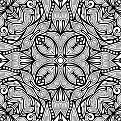 Monochrome Seamless Pattern with Floral Ethnic Motifs