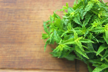 A bunch of fresh green mint on a wooden rustic table. Copy space.